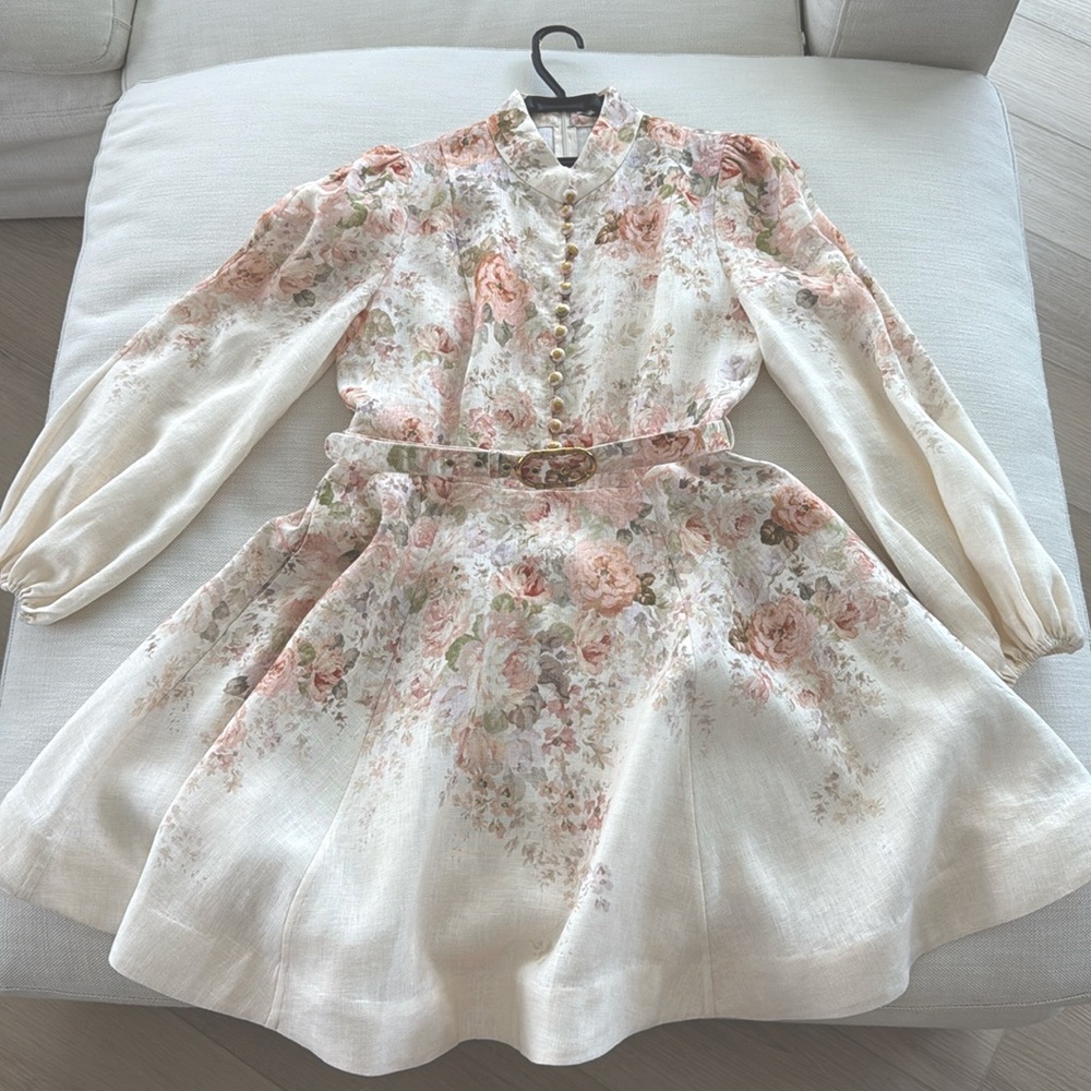 Zimmermann Illustration Buttoned Mini Dress in Rococo Floral AUS Size 3 (M/L)